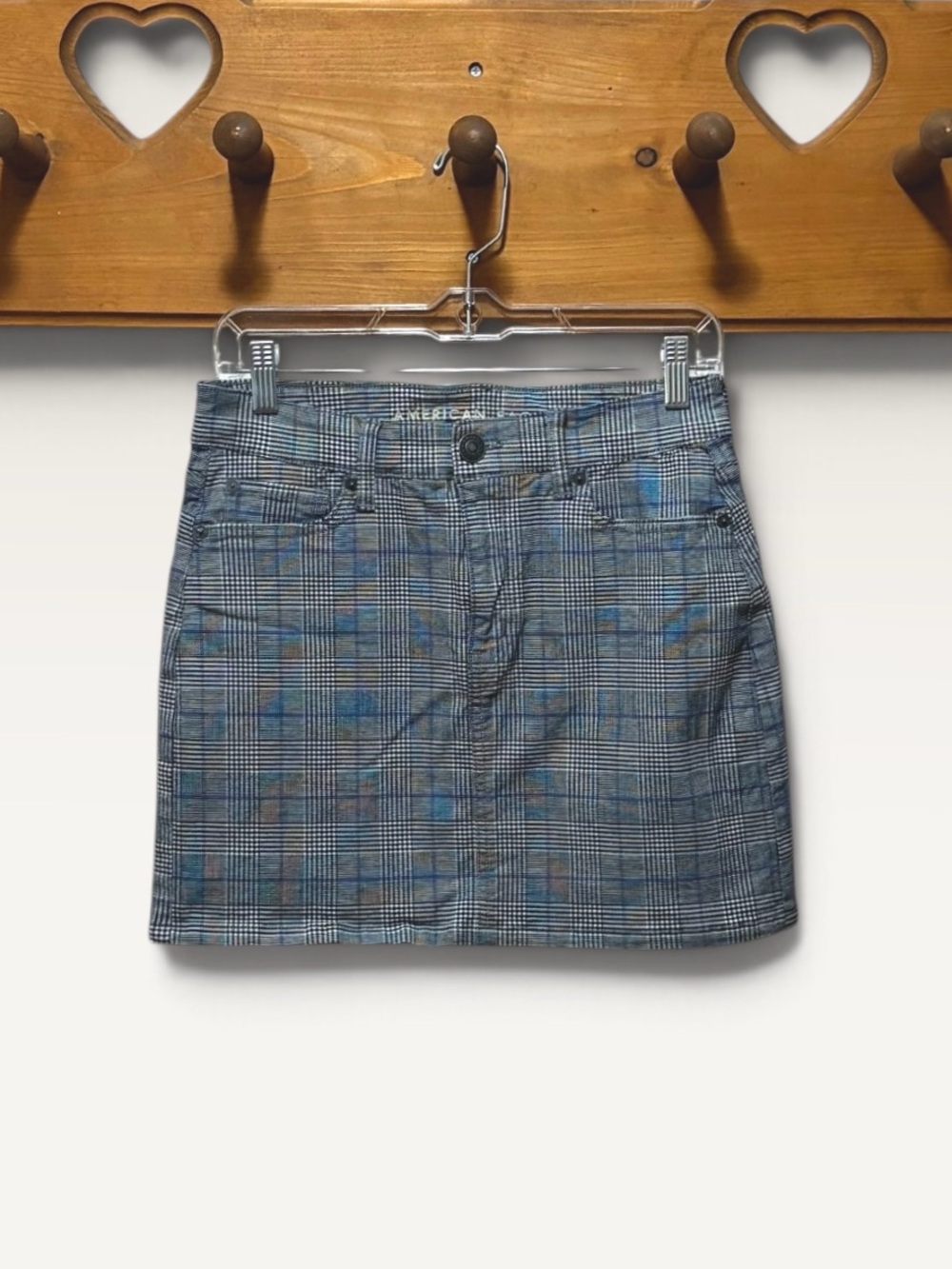 American Eagle Plaid Mini Skirt Size 2 Gray Blue Super Stretch Preppy
